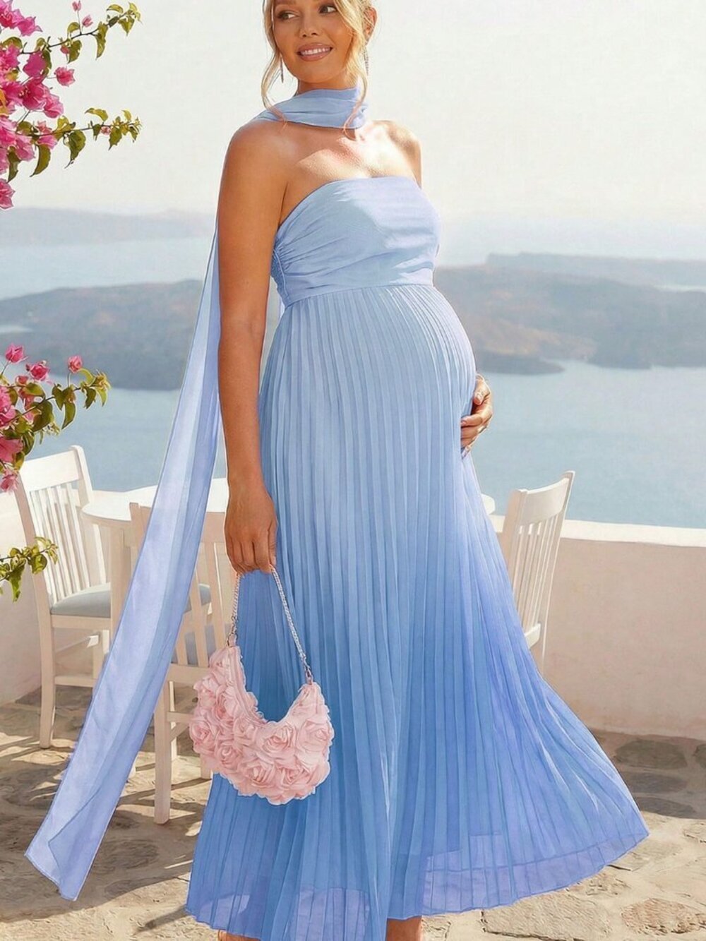 Baby Blue Elegant Women's Maternity Pleated ombre  Casual Versatile Tube Dress